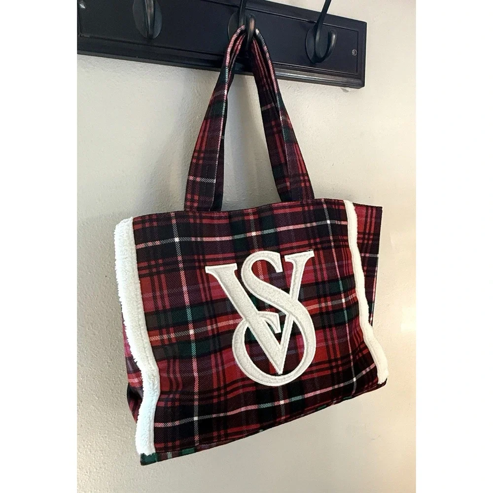 Victoria's Secret VS Faux Fur‎ Sherpa Plaid Flannel Large Tote Bag Purse Red